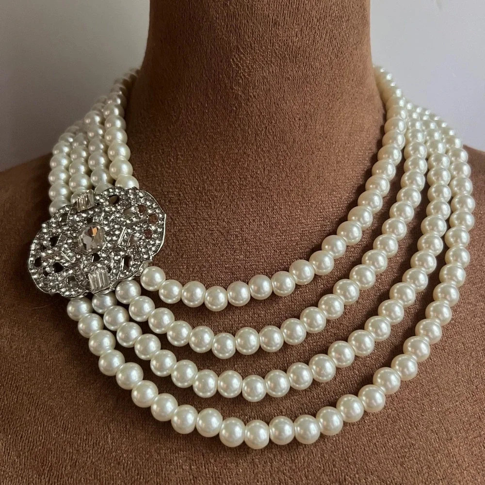 Vintage Multi Strand Faux Pearl Rhinestone Brooch Necklace 16-19.5 Regency